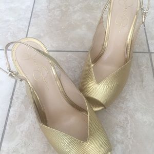 Jessica Simpson gold wedge sandals